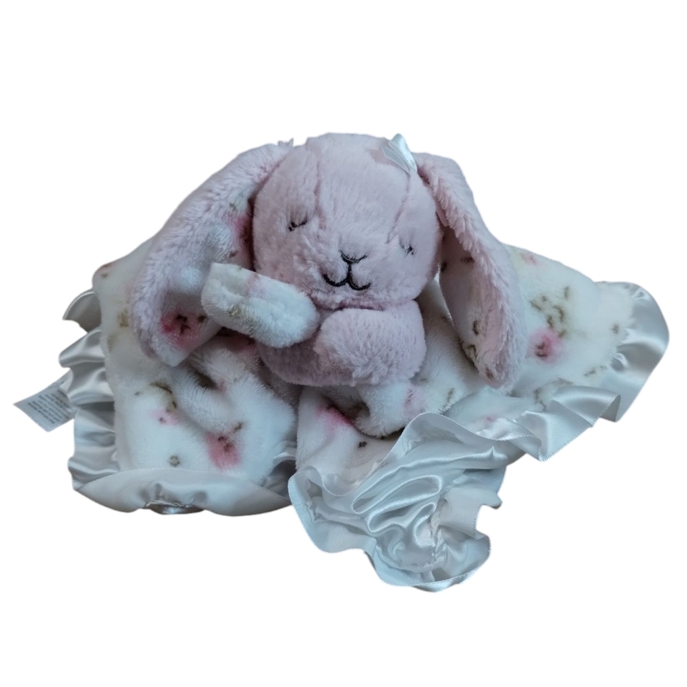 Little Me Bunny Rabbit Lovey Plush Baby Security Blanket Floral Satiny 13" White